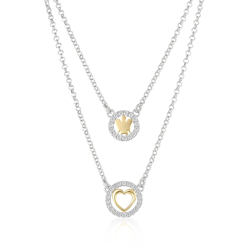Collana doppia catena con angelo, cuore e zirconi