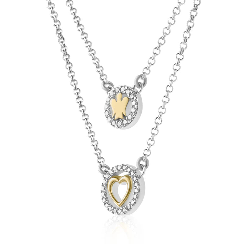 Collana doppia catena con angelo, cuore e zirconi